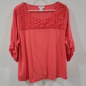 Rebecca Malone Womens Top Size 1X Pink Lace Colorful Roll Tab Sleeve